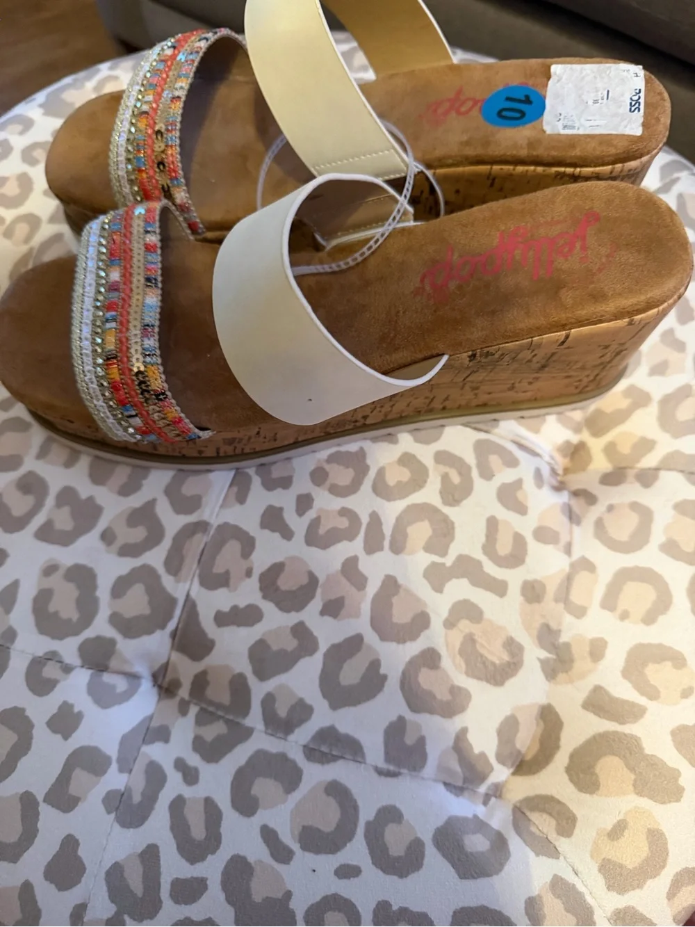 Jellypop Cream Slide Sandals with Multicolor Beaded Toe Strap